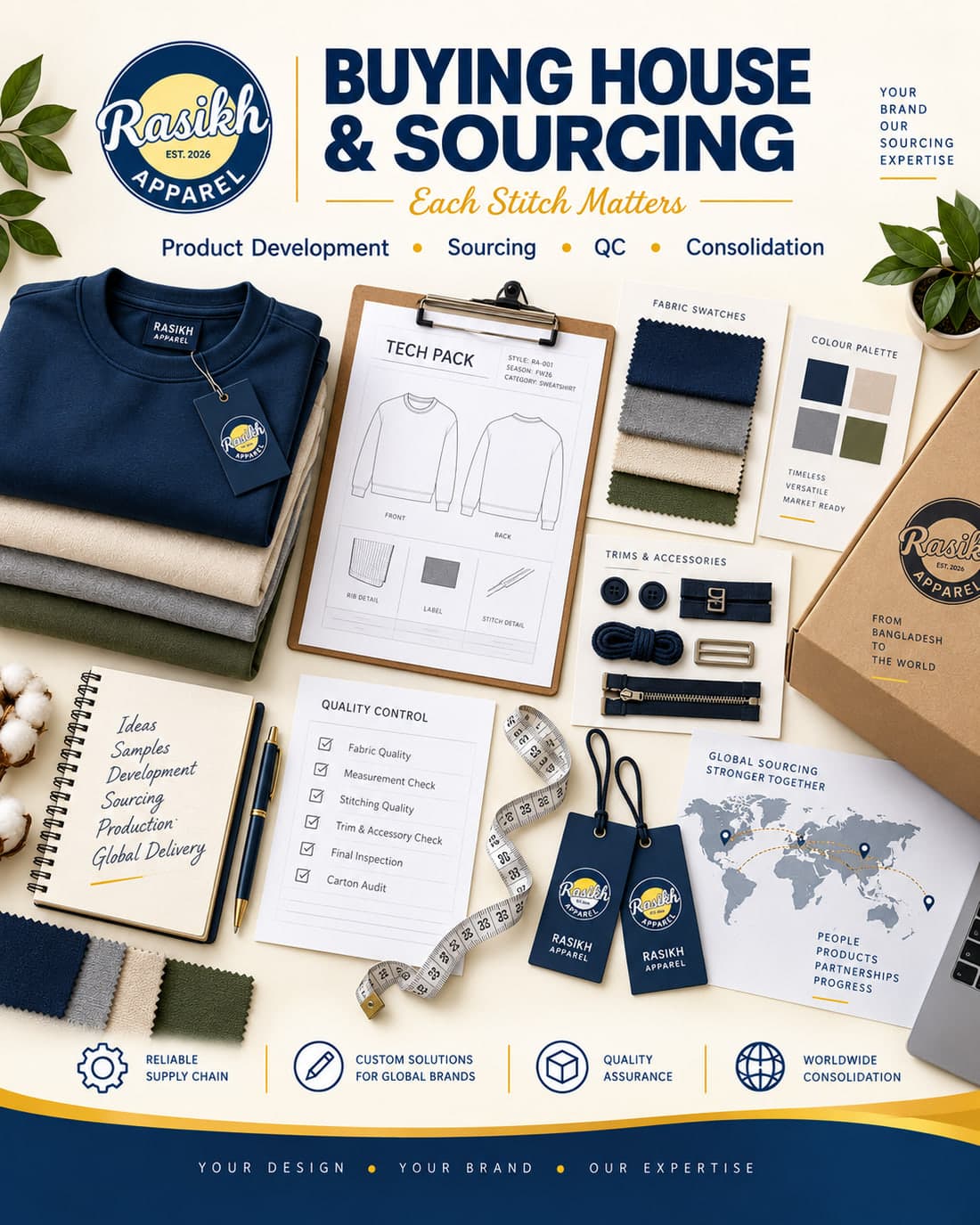 RASIKH Apparel buying house and sourcing: a tech pack, fabric swatches, colour palette, trims, quality-control checklist and a world sourcing map