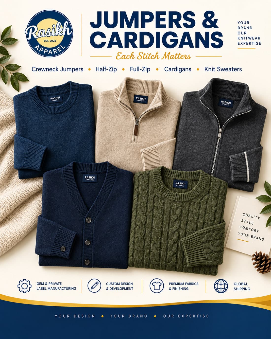 RASIKH Apparel jumpers and cardigans: crewneck jumpers, half-zips, full-zips, cardigans and knit sweaters in navy, oatmeal, olive and grey