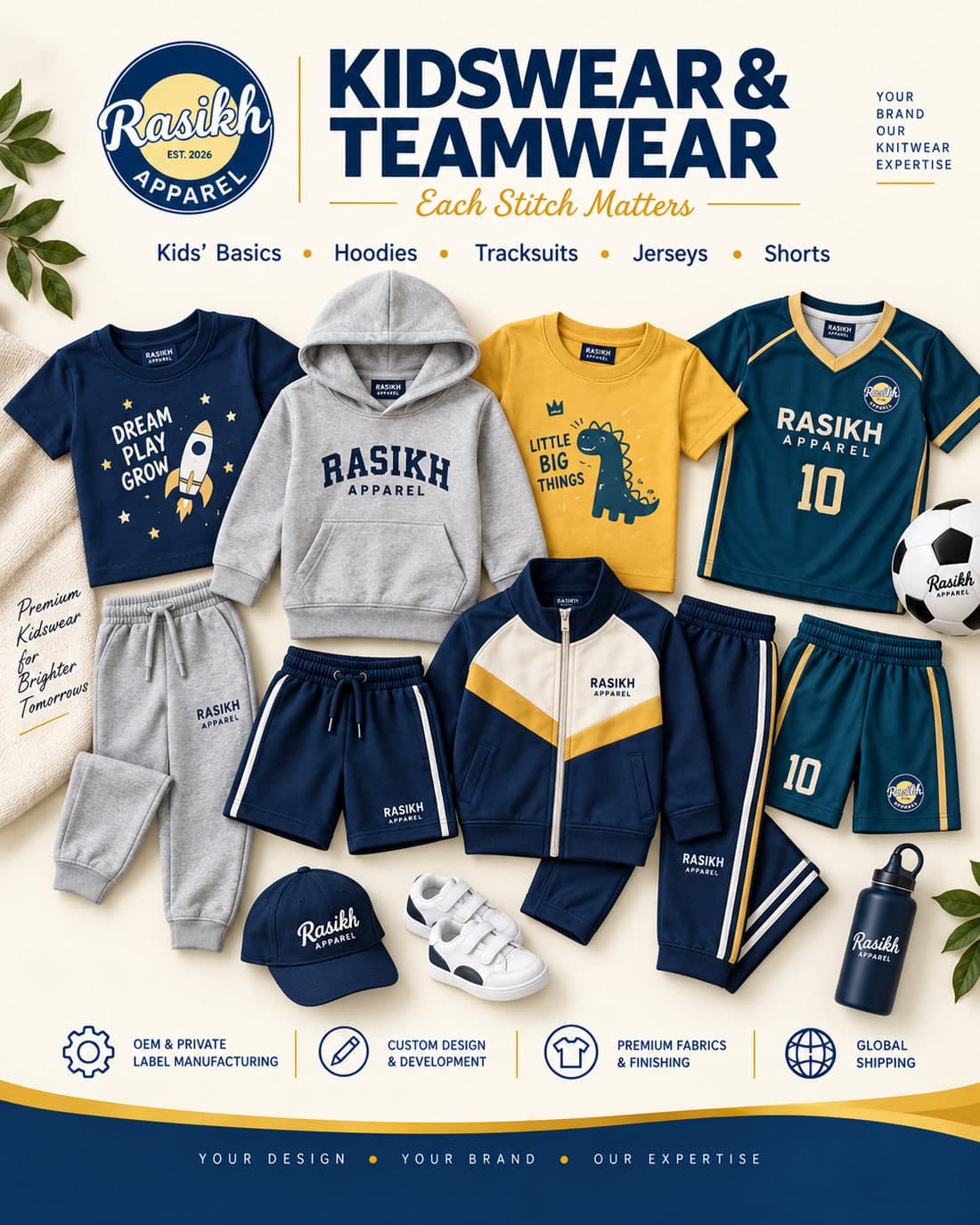 RASIKH Apparel kidswear and teamwear: children's hoodies, sweatshirts, tracksuits, team jerseys and shorts in navy, grey and mustard