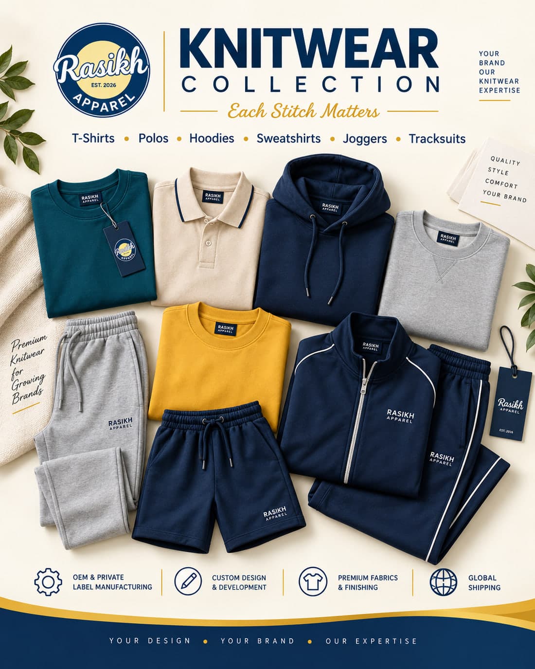 RASIKH Apparel knitwear collection: folded hoodies, sweatshirts, polos, joggers and shorts in navy, teal, mustard and grey, with a RASIKH hang tag