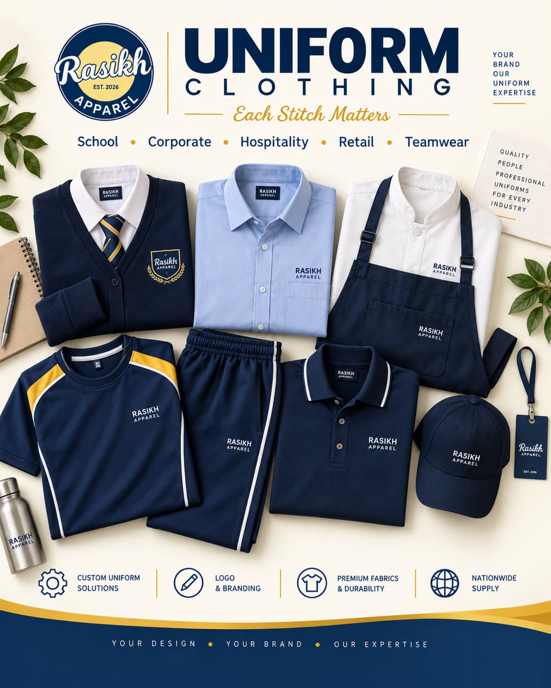 RASIKH Apparel uniform clothing: school blazer and tie, corporate shirts, polos, trousers and cap for school, corporate, hospitality, retail and teamwear programmes