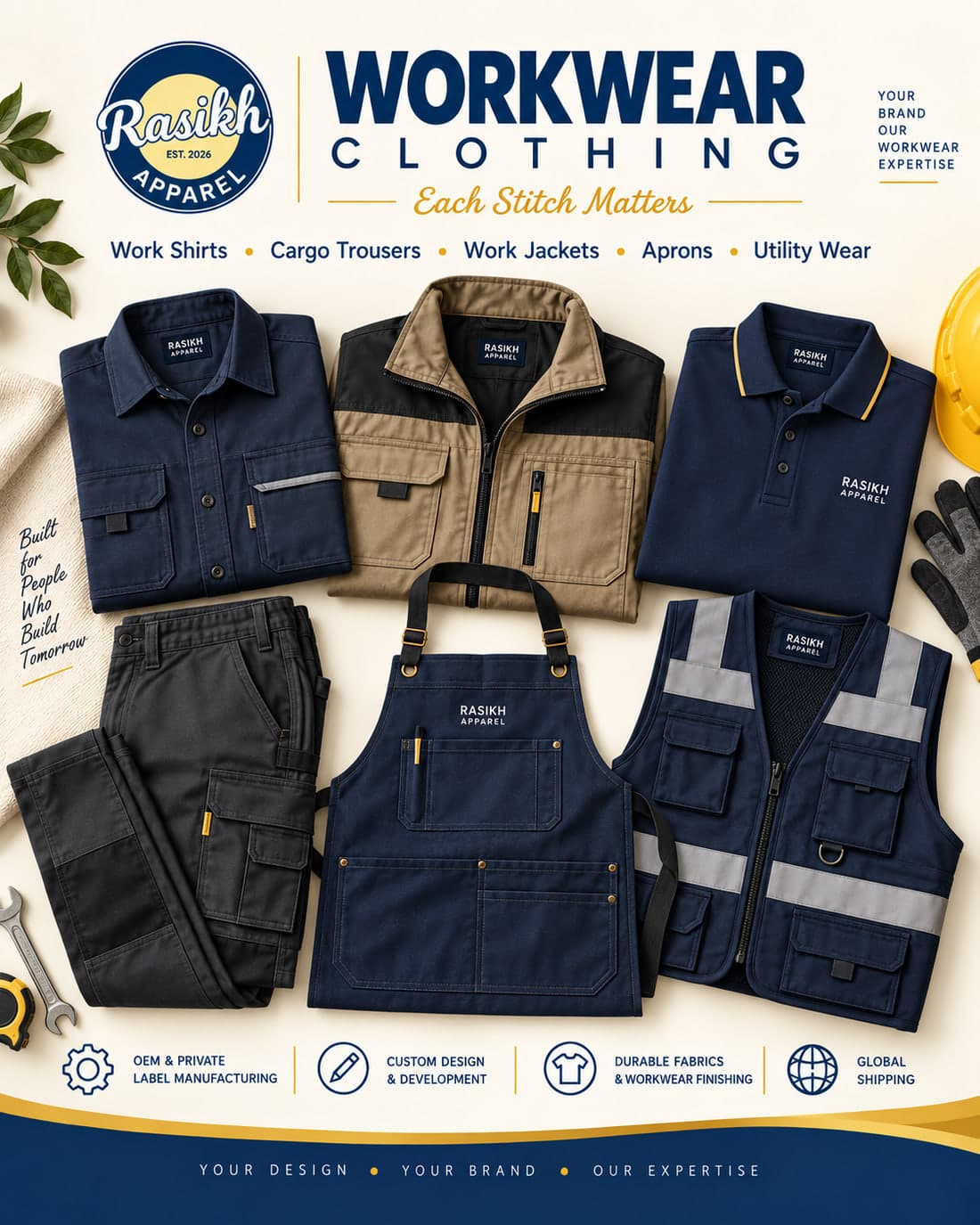 RASIKH Apparel workwear: work shirts, cargo trousers, work jackets, utility gilets and aprons in navy, stone and charcoal