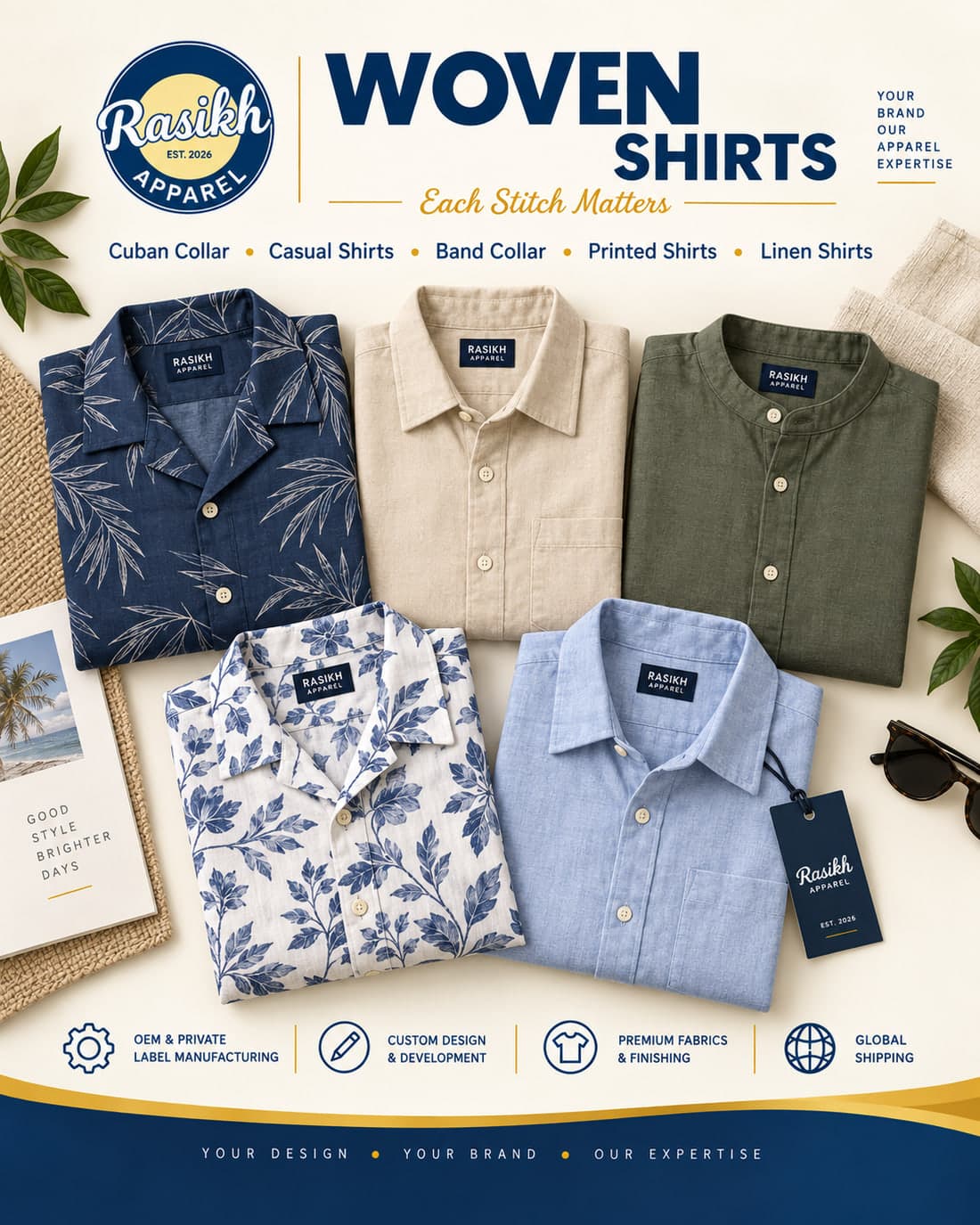 RASIKH Apparel woven shirts collection: Cuban collar, casual, band collar, printed and linen shirts folded in navy, stone and olive